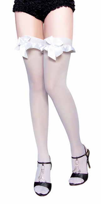 Muka Opaque White Thigh High Stockings With White Satin Bow